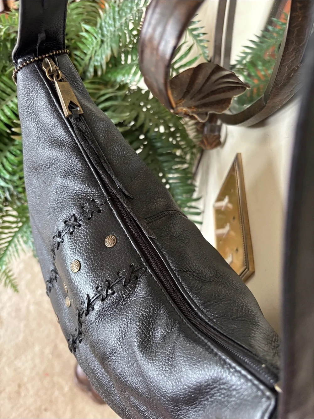 Vintage THE SAK Genuine Leather Black Zippered Hobo Shoulder Bag Studded Braided